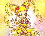  :d blonde_hair blush bow brooch cure_lemonade curly_hair double_bun earrings eyelashes flower gloves hair_flower hair_ornament hair_ribbon happy jewelry kasugano_urara_(yes!_precure_5) long_hair magical_girl omochi100ko open_mouth precure ribbon skirt smile solo sparkle twintails yellow yellow_background yellow_eyes yellow_skirt yes!_precure_5 