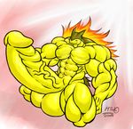  balls big_balls erection grin hyper kneeling looking_at_viewer male muscles muscletigerwolf nude penis pok&eacute;mon presenting red_eyes solo typhlosion 