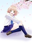  blue_legwear blush brown_eyes brown_hair cherry_blossoms flower hair_flower hair_ornament hanasaku_iroha kneehighs matsumae_ohana open_mouth panties pantyshot pantyshot_(sitting) petals pulling school_uniform sentape serafuku short_hair sitting skirt smile socks solo tree underwear white_panties 