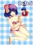  1girl bikini breasts brown_eyes chibi cleavage drink flower front-tie_top hibiscus highres medium_breasts miniboy mismatched_bikini mm! purple_hair qp:flapper sado_tarou sandals short_hair side-tie_bikini sitting swimsuit tropical_drink wariza yuuno_arashiko 