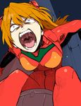  angry blue_eyes bodysuit brown_hair cockpit constricted_pupils crazy crazy_eyes face fangs long_hair neon_genesis_evangelion open_mouth orange_hair plugsuit saliva saliva_trail screaming solo souryuu_asuka_langley suko_mugi teeth tongue uvula 