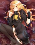  bad_id bad_pixiv_id blonde_hair blush fingerless_gloves gloves highres kakerayuri long_hair lying orange_hair pantyhose sekaiju_no_meikyuu sekaiju_no_meikyuu_3 solo wavy_hair zodiac_(sekaiju) 