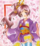  hanasaki_tsubomi heartcatch_precure! japanese_clothes kimono long_hair marker_(medium) pastel_(medium) ponytail precure purple_eyes purple_hair satsuki_(gogotaru) shikishi solo thighhighs traditional_media watercolor_pencil_(medium) 