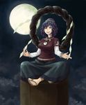  bad_id bad_pixiv_id full_moon go-m grin highres moon onbashira purple_hair red_eyes rope sandals shimenawa short_hair smile solo teeth touhou yasaka_kanako 