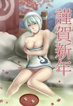  alcohol blue_eyes breasts cleavage cup green_hair groin large_breasts leaf monster_hunter monster_hunter_portable_3rd naked_towel onsen outdoors sake short_hair sitting soaking_feet solo thor_(deep_rising) towel towel_on_head translated tray water 