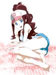  barefoot baseball_cap blue_eyes brown_hair feet hat highres pokemon pokemon_(game) pokemon_bw shorts solo touko_(pokemon) 