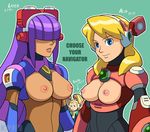  alia_(rockman) android bangs blonde_hair blue_eyes breasts capcom character_name chibuwa_rouran commentary dark_skin hair_over_eyes headgear highres large_breasts layer lips mole mole_under_eye multiple_girls nipples palette_(rockman) purple_hair rockman simple_background smile text_focus 