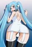  1girl ass blue_eyes blue_hair blush garters kikumikazuki long_hair looking_back nymph_(sora_no_otoshimono) open_mouth panties pantyshot solo sora_no_otoshimono thighhighs trefoil twintails underwear upskirt very_long_hair 