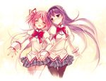  akemi_homura black_hair hairband holding_hands kaname_madoka kayou_(kayou-bi) long_hair mahou_shoujo_madoka_magica mitakihara_school_uniform multiple_girls pantyhose pink_eyes pink_hair purple_eyes purple_hair school_uniform short_hair simple_background skirt smile thighhighs twintails zettai_ryouiki 