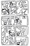  angry bittersweet_candy_bowl black_and_white blood bow cat comic dialog disaster_dominoes drugs english_text feline female knife lucy lucy_(bcb) male mammal mike mike_(bcb) monochrome nervous nosebleed paulo paulo_(bcb) plain_background scarf sketch taeshi_(artist) text threat weapon white_background 