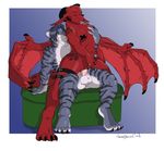  balls breasts chair_position cum dragon feline female interspecies licking male mammal marik necrodrone necrodrone_(character) nipple_tape on_top penetration red_dragon scalie sex straight tiger tongue vaginal vaginal_penetration wings 