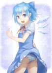  ass blue_dress blue_eyes blue_hair cirno dress dress_lift hands open_mouth panties pantyshot smile snowflakes solo striped striped_panties sugimeno touhou underwear wind wind_lift wings 