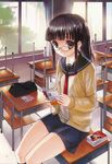  black_hair cardigan chair classroom copyright_request desk glasses highres indoors koin_(foxmark) long_hair long_sleeves looking_at_viewer metal_witch_sisters neckerchief novel_(object) on_desk open_cardigan open_clothes ponytail reading school_desk school_uniform serafuku silver_eyes sitting sitting_on_desk skirt smile solo tree window 