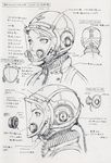  character_sheet concept_art greyscale helmet last_exile monochrome multiple_views murata_renji sketch steampunk tatiana_wisla translation_request 