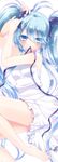  1girl adjusting_hair alternate_hairstyle bare_legs bare_shoulders barefoot blue_eyes blue_hair blush denpa_onna_to_seishun_otoko dress long_hair mouth_hold ribbon ribbon_in_mouth sleeveless solo sparkle sundress touwa_erio twintails tying_hair white_dress 