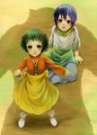  1girl akke blue_hair choker clenched_teeth dress farah_oersted green_hair highres keele_zeibel open_mouth orange_dress protecting red_choker shadow short_hair tales_of_(series) tales_of_eternia tears teeth wavy_mouth younger 