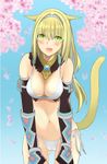  animal_ears bikini blonde_hair blush breasts cameltoe cherry_blossoms cleavage detached_sleeves final_fantasy final_fantasy_xi hairband large_breasts long_hair mithra navel panties robina side-tie_bikini solo swimsuit tail underwear 