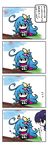  4koma ahoge blue_hair cat comic flower grey_eyes hair_flower hair_ornament highres long_hair multiple_girls pixiv_fantasia pixiv_fantasia_5 purple_eyes purple_hair scarf school_uniform serafuku translated very_long_hair watering_can yanagi_(nurikoboshi) 