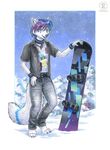  arctic_fox azra azrafox belt blue_eyes canine clothing collar fox kacey looking_at_viewer male mammal pants shirt snow snowboard solo tail 