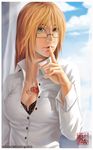  bad_deviantart_id bad_id blonde_hair blue_eyes bra bra_peek breasts cleavage cloud cloudy_sky day dress_shirt finger_to_mouth fingernails glasses hands lace lace-trimmed_bra lingerie lips looking_at_viewer medium_breasts original qinni shirt sky solo tattoo unbuttoned underwear watermark 