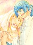  1girl :d blonde_hair blue_hair bridal_veil closed_eyes couple happy head_on_shoulder hetero holding_hands jewelry kzk long_hair macross macross_frontier necktie open_mouth ponytail ring saotome_alto sheryl_nome smile traditional_media tuxedo veil watercolor_(medium) 