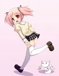  :&lt; ass blush hair_ribbon kaname_madoka kouki_kuu kyubey loafers looking_back mahou_shoujo_madoka_magica mitakihara_school_uniform no_panties open_mouth pink_eyes pink_hair red_eyes ribbon school_uniform shoes short_hair short_twintails skirt thighhighs twintails 