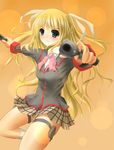  asahi_(ge_nyu) bad_id bad_pixiv_id blonde_hair bow green_eyes gun highres little_busters! long_hair magazine_(weapon) pink_bow pointing pointing_at_viewer school_uniform solo tokido_saya twintails weapon 