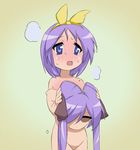  animegao bad_id bad_pixiv_id blush body_blush character_mask cosplay dachaku hair_ribbon highres hiiragi_kagami hiiragi_tsukasa kigurumi lucky_star mask open_mouth purple_eyes purple_hair ribbon skinsuit solo sweat twintails undressing 