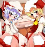  bad_id bad_pixiv_id bat_wings blonde_hair blush flandre_scarlet gift hat highres holding holding_gift incoming_gift lavender_hair looking_away madhand multiple_girls remilia_scarlet short_hair shy siblings side_ponytail smile symmetrical_hand_pose touhou valentine wings 