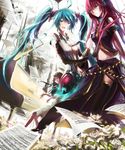  aqua_eyes aqua_hair armband bad_id bad_pixiv_id blush detached_sleeves hatsune_miku hatsune_miku_(append) highres instrument long_hair megurine_luka multiple_girls notes open_mouth piano pink_hair sitting standing stu_dts twintails vocaloid vocaloid_append 