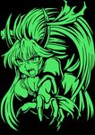  breasts cleavage ex-keine fangs green horns kamishirasawa_keine long_hair macaroni_and_cheese medium_breasts monochrome open_mouth outstretched_arm solo touhou 