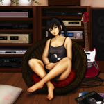  barefoot black_hair brown_eyes cat ebi_(eeotoko) feet flower_pot guitar highres instrument k-on! long_hair nakano_azusa pillow realistic record signature sitting solo sound_system twintails 