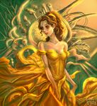  art bare_shoulders beauty_and_the_beast belle belle_(disney) breasts brown_hair cleavage disney dress formal pixiv pixiv_thumbnail ponytail princess resized wavy_hair 