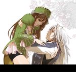  1girl briefs brown_eyes brown_hair carrying claudia_(saga) floral_background gray_(saga) grey_hair hat lifting long_hair puffy_sleeves romancing_saga saga seqet-aru simple_background underwear 