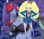 bad_id bad_pixiv_id big_hair blonde_hair blue_skin breasts cleavage drill_hair gloves hands_on_hips large_breasts long_hair multiple_girls navel ophiuchus_queen pantyhose red_eyes rockman ryuusei_no_rockman school_uniform shirogane_luna skirt striped striped_legwear tail teriyaki tongue twin_drills twintails yellow_eyes 