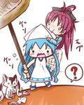  6632k :3 ? afterimage biting blue_hair bow chibi crossover dress hair_bow hat ikamusume kyubey mahou_shoujo_madoka_magica multiple_girls open_mouth red_hair sakura_kyouko shinryaku!_ikamusume squid squid_ink tears tentacle_hair waving wavy_mouth white_dress 