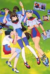  90s anna_respighi artist_request battle_athletes blue_hair brown_hair closed_eyes kanzaki_akari kris_christopher long_hair low-tied_long_hair lying multiple_girls short_hair spandex thighhighs wrist_cuffs 