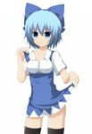  ass_visible_through_thighs bad_id bad_pixiv_id black_legwear blue_eyes blue_hair bow breasts cirno dress dress_lift dress_shirt hair_bow highres kinakomoti medium_breasts microdress shirt short_hair solo strap_pull thighhighs touhou zettai_ryouiki 