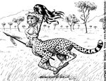  black_and_white bridget_e_wilde cheetah feline female hunter monochrome piercing polearm running solo spear taur 