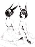  animal_ears backless_dress backless_outfit bare_back barefoot blush copyright_request dress feet greyscale looking_back monochrome multiple_girls short_hair sitting sousou_(sousouworks) wariza 