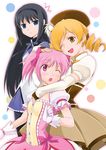  3girls :&lt; :o akemi_homura angry bad_id bad_pixiv_id beret black_hair black_legwear blonde_hair blue_eyes blush bow buttons choker detached_sleeves dress drill_hair feathers fingerless_gloves gloves hair_bow hair_ornament hairclip hat hug jealous kaname_madoka long_hair magical_girl mahou_shoujo_madoka_magica multiple_girls one_eye_closed open_mouth pantyhose pink_hair polka_dot puffy_sleeves red_eyes shirotsumekusa skirt surprised tomoe_mami 