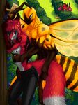  2010 anthro arthropod bee blue_eyes blush canine duo fluffy_tail fox gay grass group hair insect insectoid long_hair male mammal muscles red_eyes tail topless tree unknown_artist wings wood 
