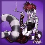  aerynoustinne blunt breasts buckles cabbit cigarette_holder faux_hawk female fingerless_gloves flames leather_pants navel piercing rrin smoking solo spots 