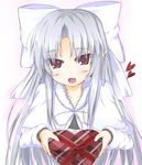  ban_(bannyata) blush bow fang gift hair_bow heart highres holding holding_gift long_hair pointy_ears red_eyes silver_hair solo tsukihime white_len 