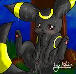  against_tree blush cum ear_markings face_markings female forest messy night pok&eacute;mon pussy red_eyes solo tail tail_markings takiro tree umbreon 