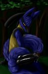  balls blue blush forest graveyardshift lucario lying penis pok&eacute;mon precum red_eyes shy solo tree 