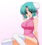  breasts canal_vorfeed chinadress dress erect_nipples green_hair happy highres large_breasts lost_universe over_drive purple_eyes smile socks source_request sugimura_tomokazu thighhighs wave_ride 