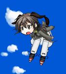  brown_eyes brown_hair chibi cloud dog_tail floating flying gertrud_barkhorn inumimi military_uniform nekomimi open_mouth pantsu panty_pull sky strike_witches striker_units tail twin_tails uniform 