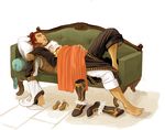  barefoot blanket boots brown_hair child closed_eyes coat couch father_and_son fatherly ferid_egan freyjadour_falenas full_body gensou_suikoden gensou_suikoden_v hair_bun knee_boots multiple_boys ooshima pillow sandals size_difference sleeping white_hair 