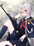  female fuyu_mochi glasses gradient gradient_background gun original purple_eyes school_uniform serafuku sitting solo weapon white_hair 